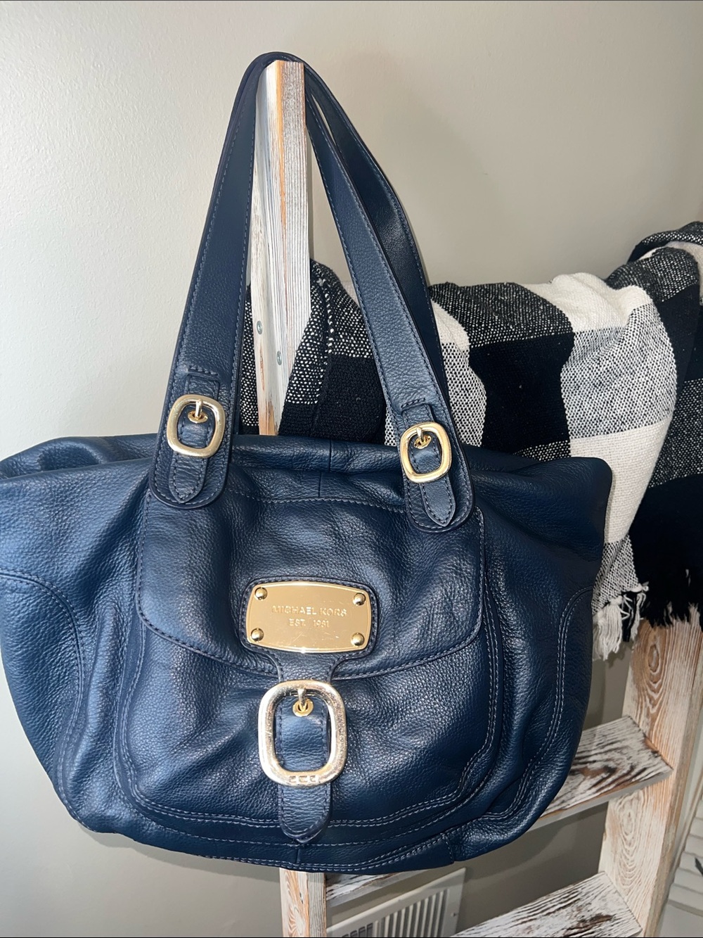 Vintage Michael Kors Navy Leather Shoulder Tote with Gold Hardware